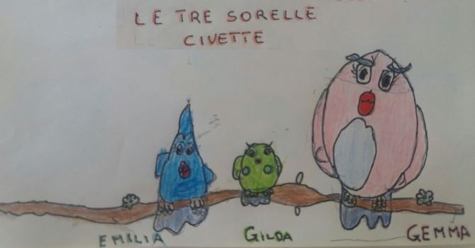 Le tre sorelle civette – disegno di Maria Althea per la copertina del libro Le tre sorelle civette – disegno di Maria Althea per la copertina del libro